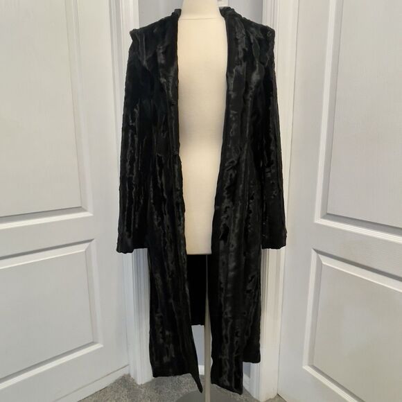 Vintage Guess Collection Long Vegan Fur Coat Women’s Medium Black Waist Belt USA - Picture 2 of 12